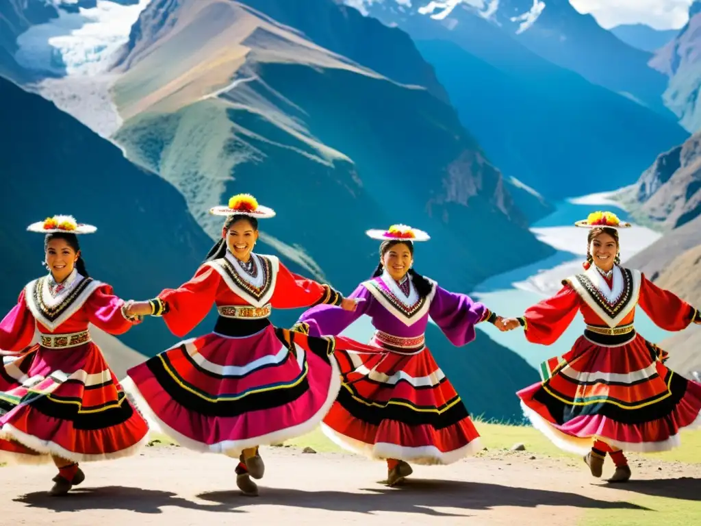 Grupo de bailarines peruanos en trajes vibrantes realizando la Danza de Tijeras frente a los majestuosos Andes