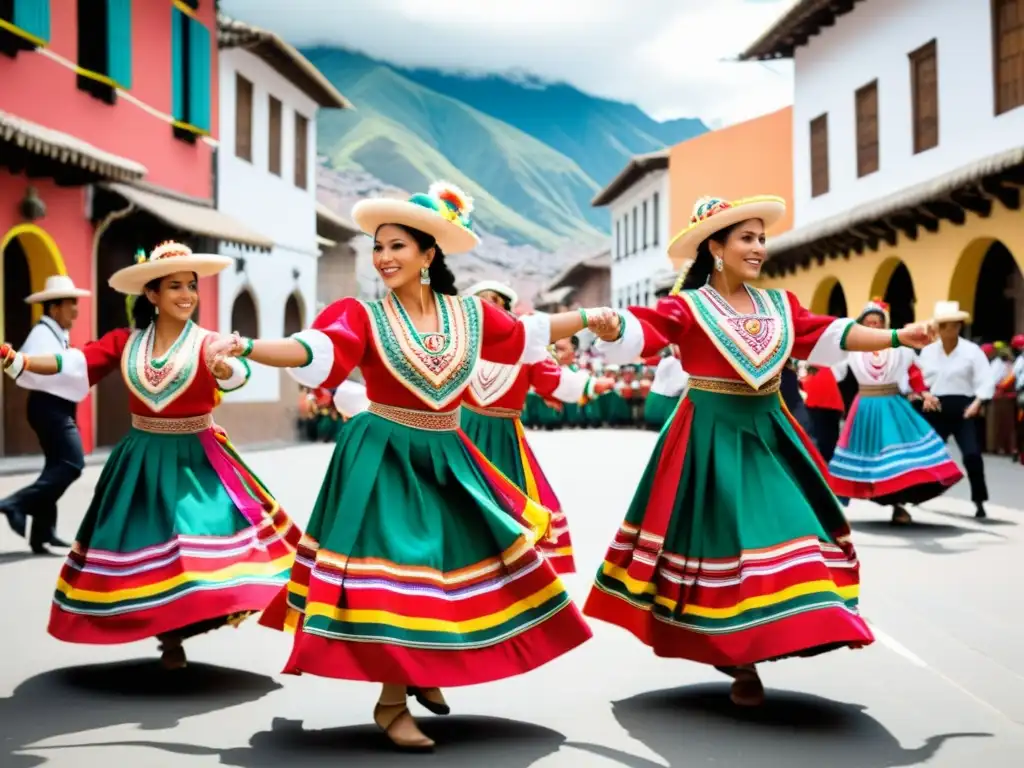 Grupo de bailarines peruanos ejecutando el Vals Criollo en las calles vibrantes de Lima