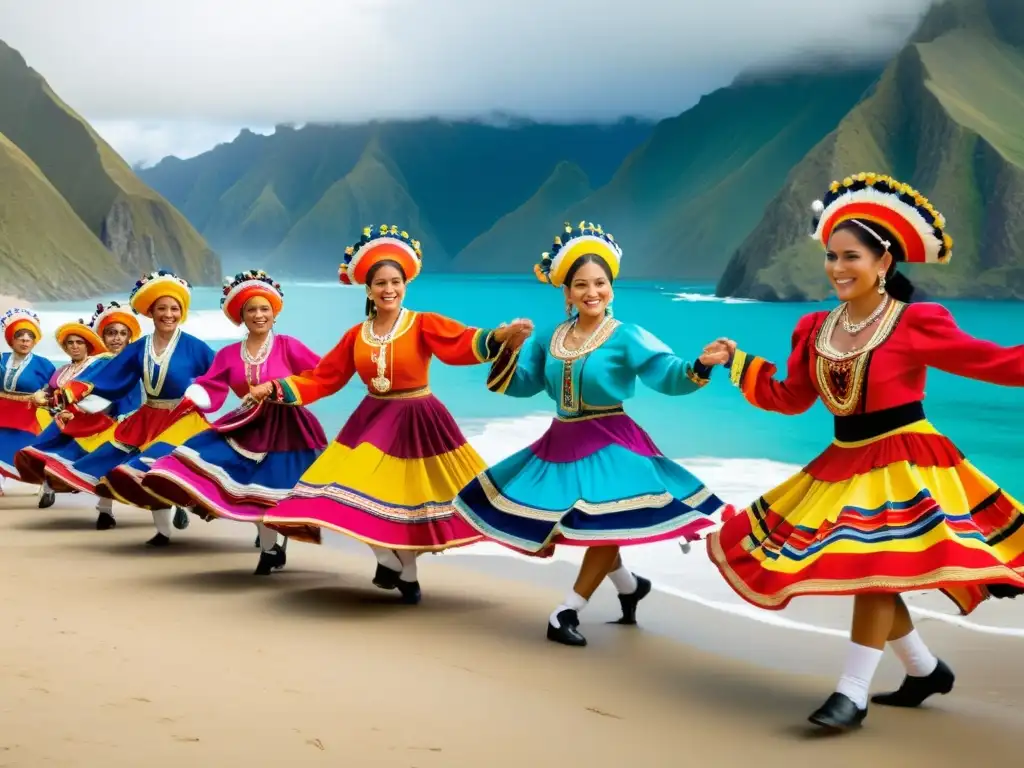 Grupo de bailarines peruanos ejecutan el Vals Criollo, con trajes coloridos y movimientos elegantes