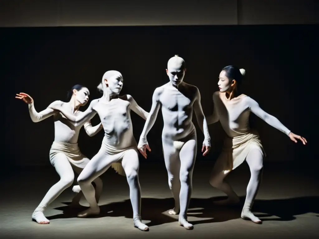 Grupo de bailarines Butoh con pintura blanca contorsionándose en un espacio atmosférico