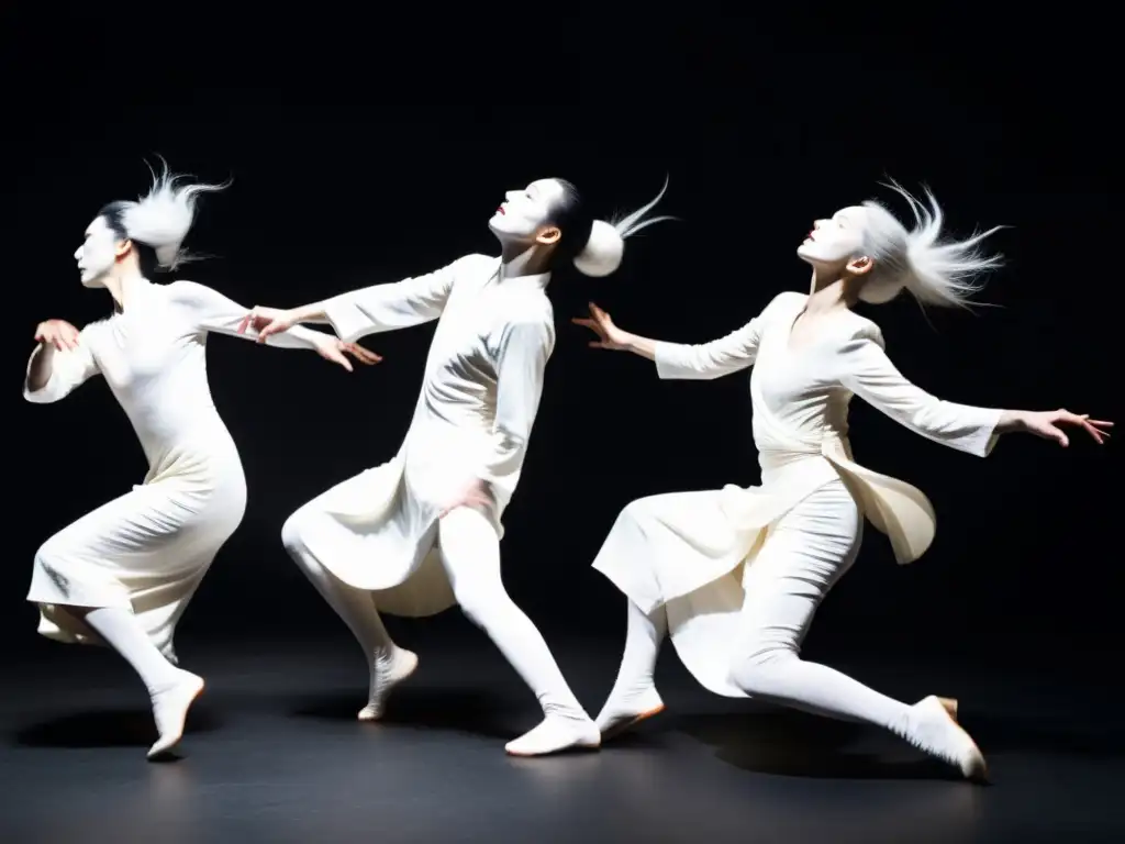 'Grupo de bailarines Butoh en pintura blanca, movimientos expresivos y significado esotérico - Danza Butoh Japonesa'