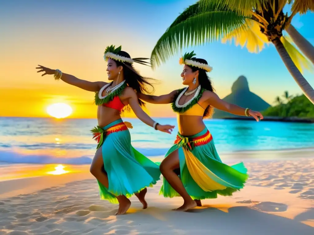 Grupo de bailarines de Hula Polinesia actuando en una playa al atardecer, capturando la esencia de la cultura polinesia y la importancia de las certificaciones en Hula Polinesia