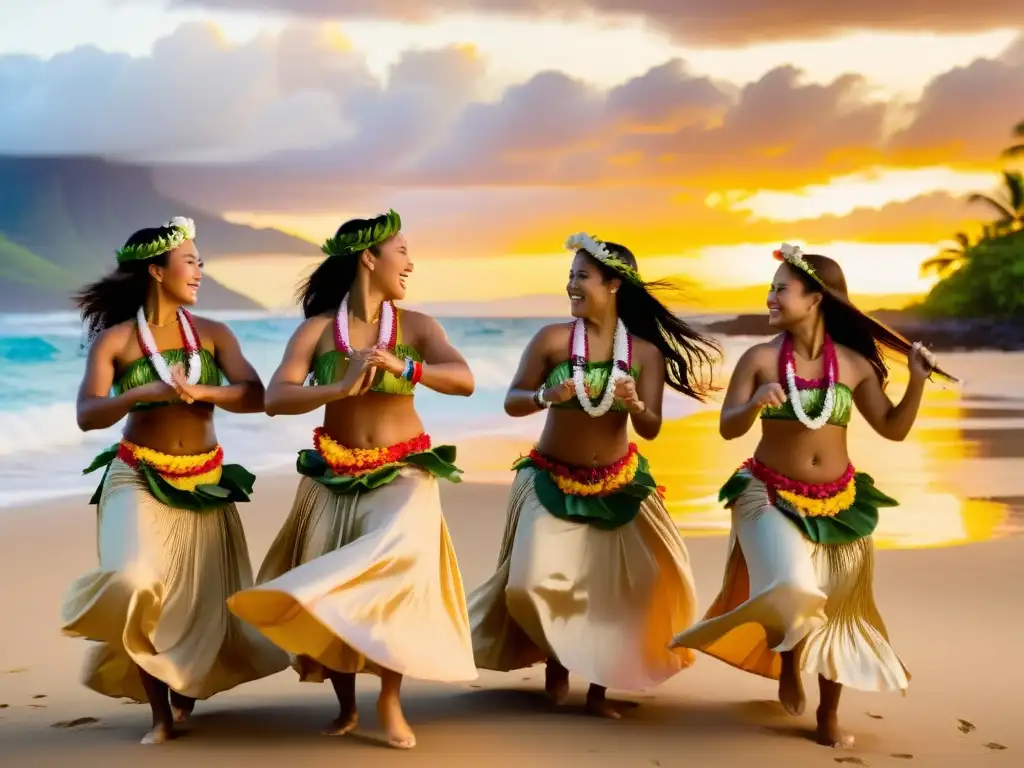 Un grupo de bailarines hula en la playa al atardecer, con trajes coloridos y expresiones llenas de reverencia y orgullo cultural