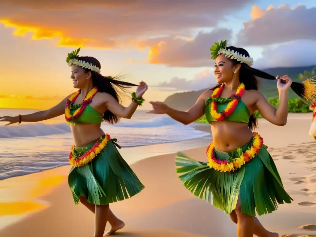 Grupo de bailarines hula en la playa al atardecer, reflejando la esencia y el significado cultural de la danza hula en Hawai