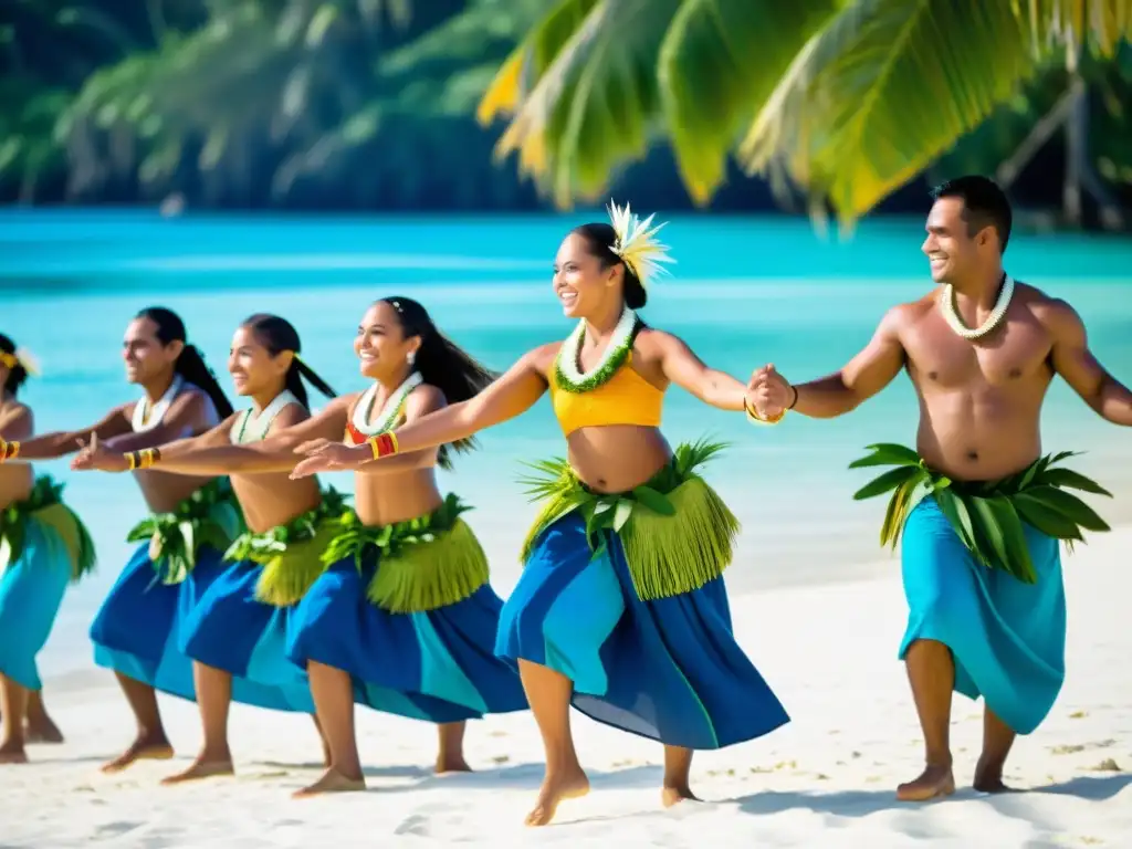 Grupo de bailarines Kiribati danzando en la playa durante el Festival de Independencia, capturando la vivacidad de las danzas tradicionales Kiribati