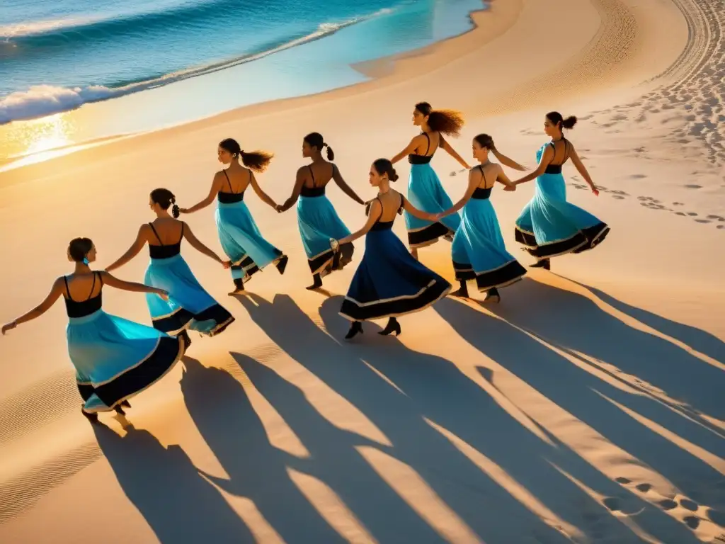 Un grupo de bailarines realiza el Sirtaki en una playa griega al atardecer