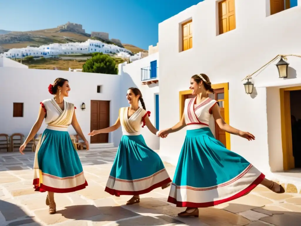 Grupo de bailarines disfrutando del sirtaki en una plaza griega, con trajes tradicionales y una atmósfera alegre y vibrante