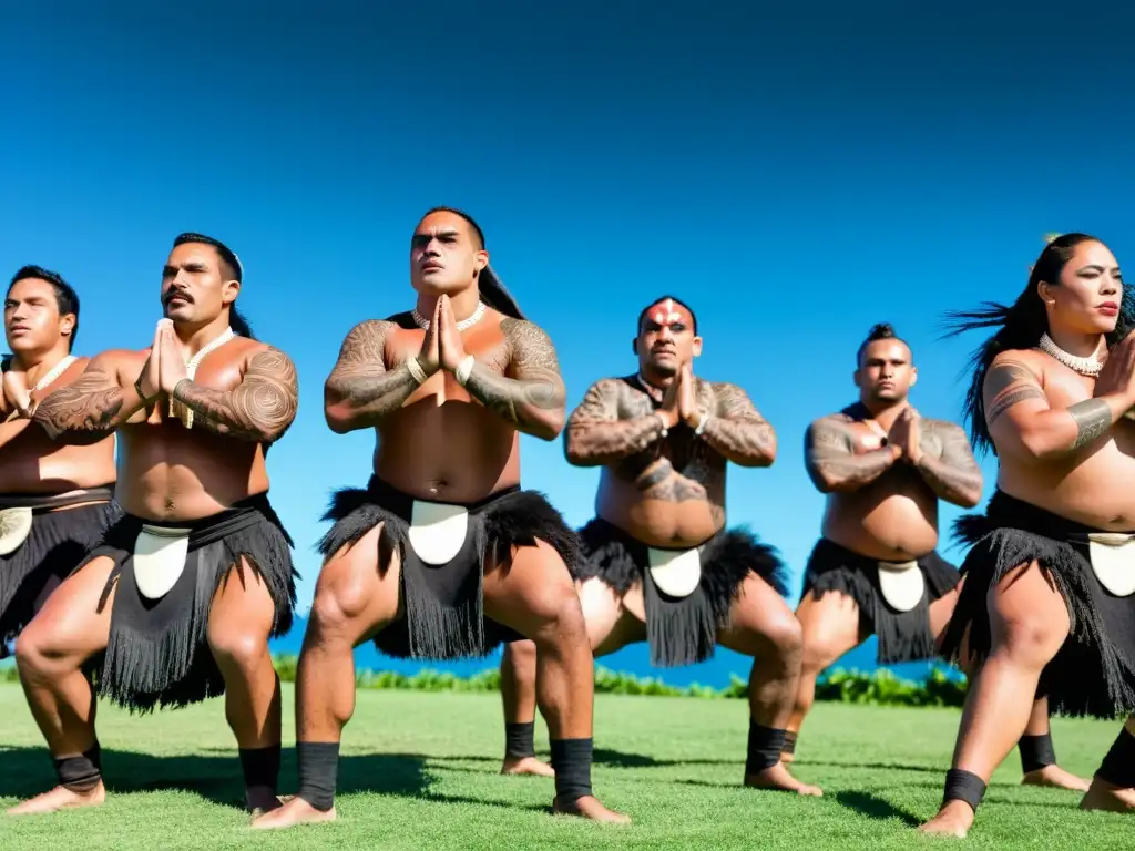 Grupo de bailarines maoríes realizando un poderoso haka, con trajes tradicionales y tatuajes, en un escenario de exuberante vegetación y cielo azul