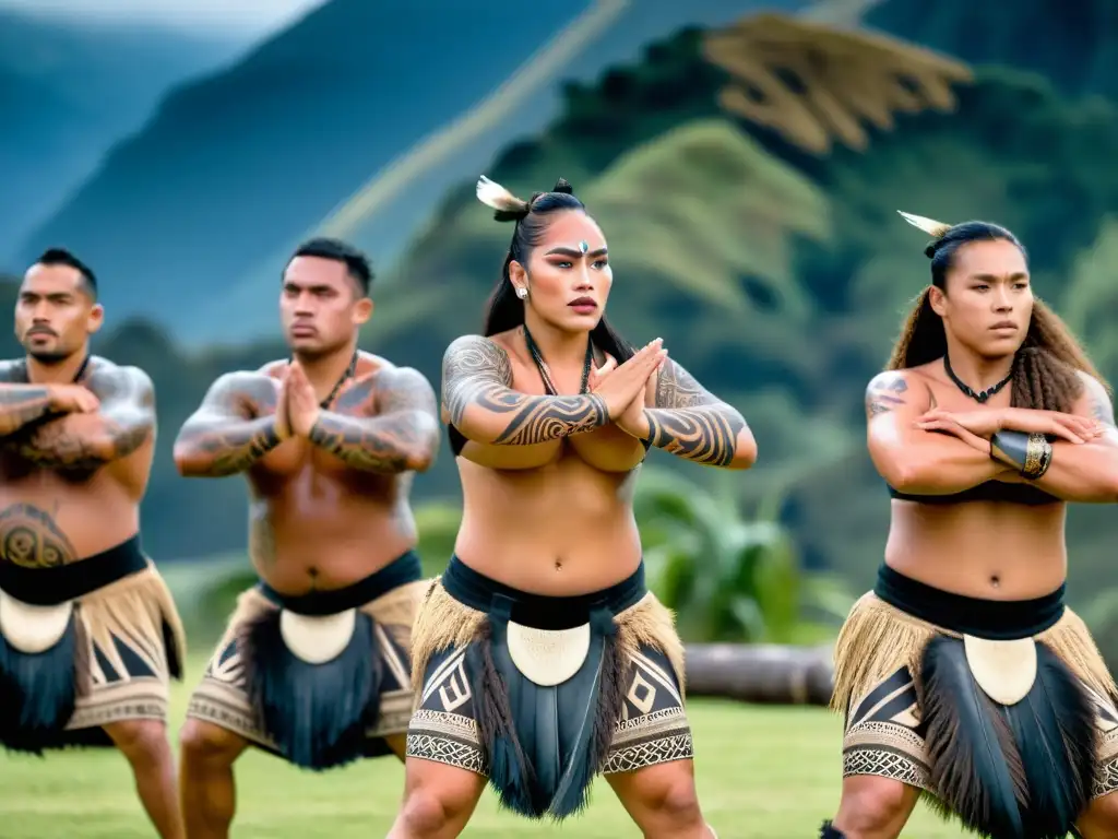 Grupo de bailarines maoríes realizando un poderoso haka, con paisaje de Nueva Zelanda al fondo