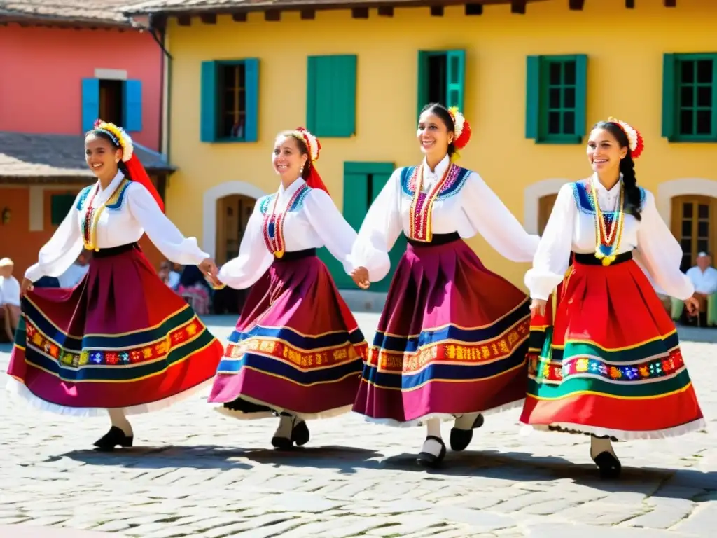 Grupo de bailarines de Mazurca Polaca en trajes folclóricos, danzando con gracia en una animada plaza de pueblo, reflejando la autenticidad de las danzas tradicionales Mazurca Polaca