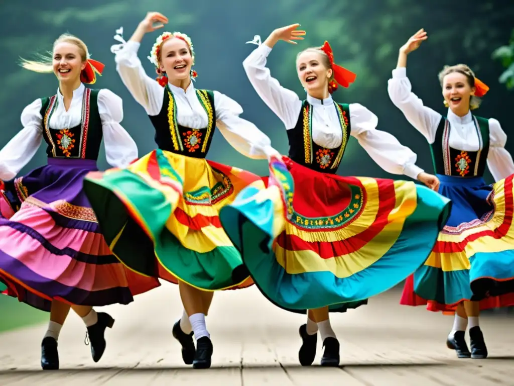 Grupo de bailarines polacos ejecutando una danza folclórica con significado cultural danza folk polaca, vistiendo trajes tradicionales coloridos