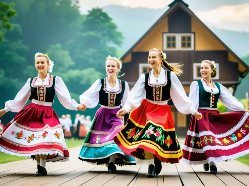 Grupo de bailarines polacos danzando el krakowiak con alegría y orgullo, representando el significado cultural del krakowiak polaco