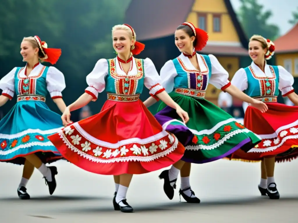 Grupo de bailarines polacos ejecutando la Mazurca Polaca en trajes coloridos y detalladamente bordados, en una escena folclórica vibrante