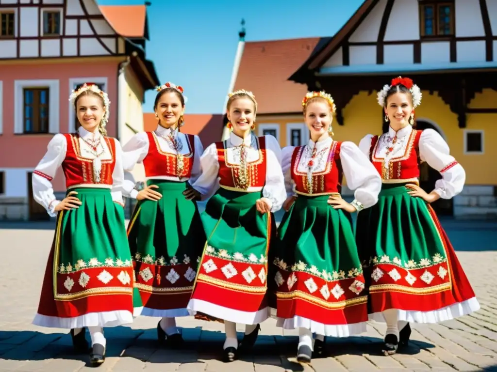 Un grupo de bailarines polacos tradicionales en trajes vibrantes y bordados, congelados en una pose dinámica en una plaza soleada