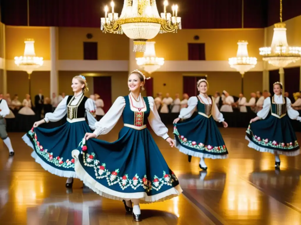 Un grupo de bailarines polacos tradicionales vistiendo trajes vibrantes y bordados, realizando con gracia la danza polonesa en un elegante salón