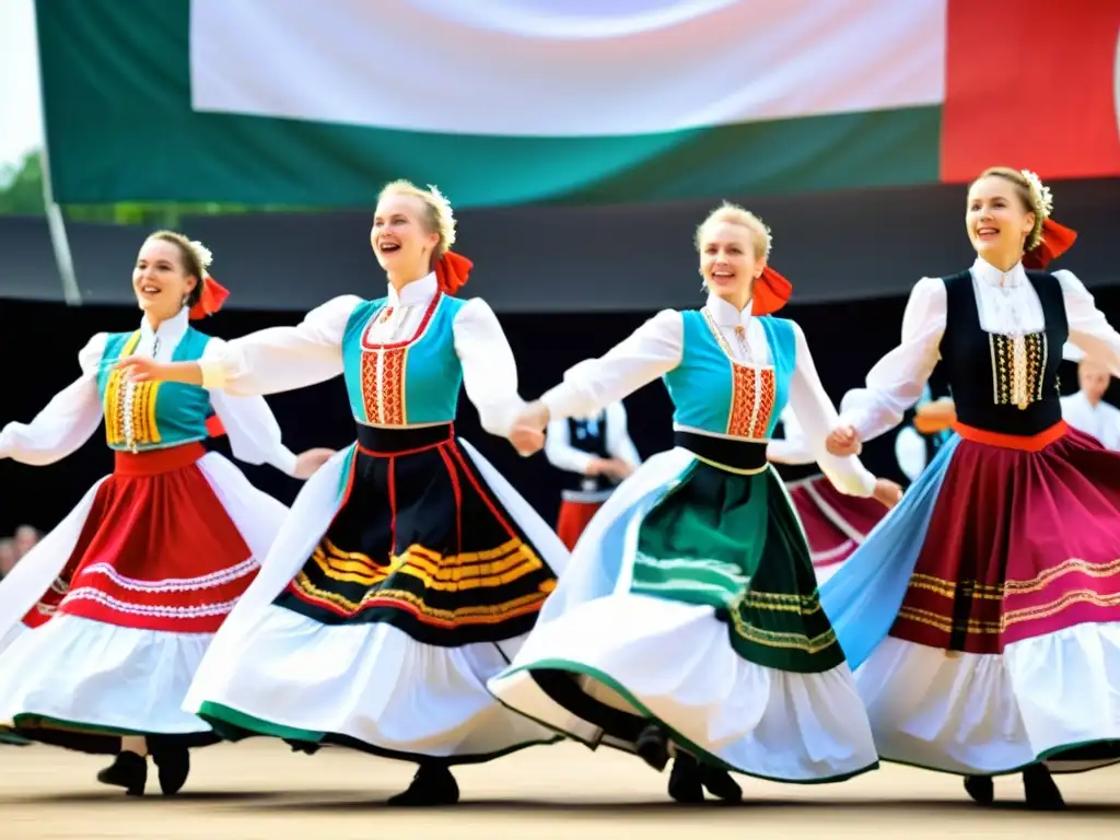 Vibrante Polka Polaca: Baile tradicional polaco en Rzeszów Grupo de bailarines polacos en trajes tradicionales, bailando la Polka Polaca en el Festival de Folklore de Rzeszów, capturando el significado cultural y técnica de la Polka Polaca