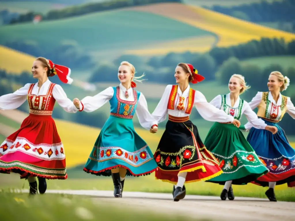 Grupo de bailarines polacos en trajes coloridos realizando el krakowiak, reflejando el significado cultural del krakowiak polaco