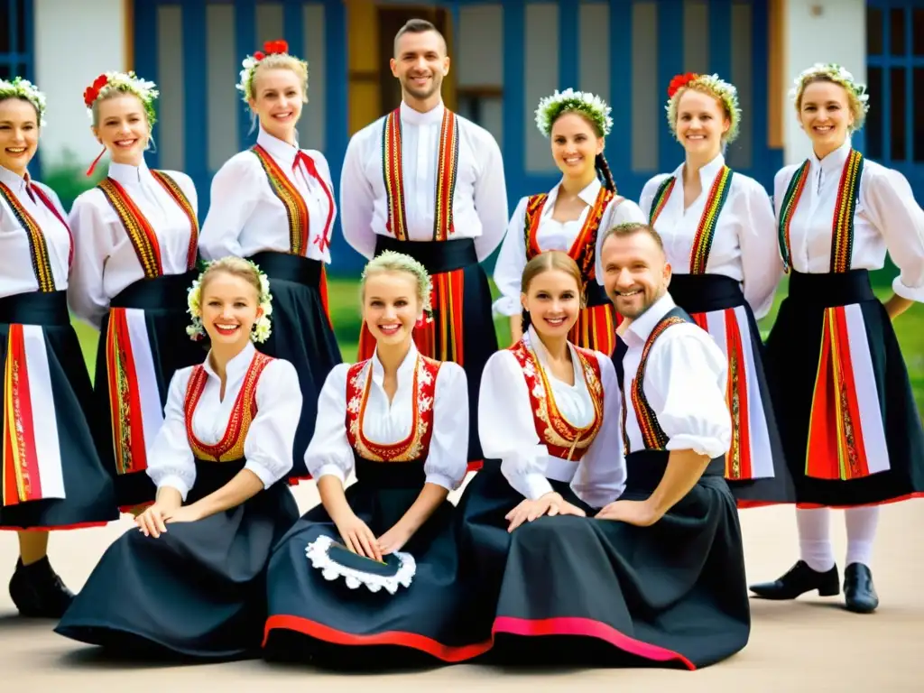 Un grupo de bailarines polacos vistiendo trajes tradicionales, ejecutando el baile krakowiak