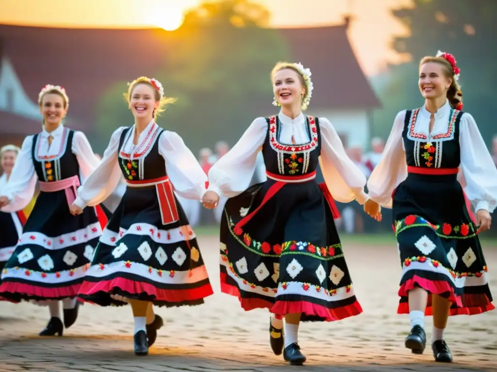 Grupo de bailarines polacos en trajes tradicionales, disfrutando la polka polaca al atardecer