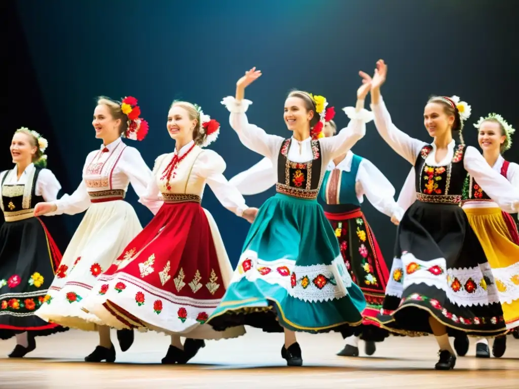 Grupo de bailarines polacos con trajes tradicionales, realizando la elegante polonesa, con colores vibrantes y bordados detallados