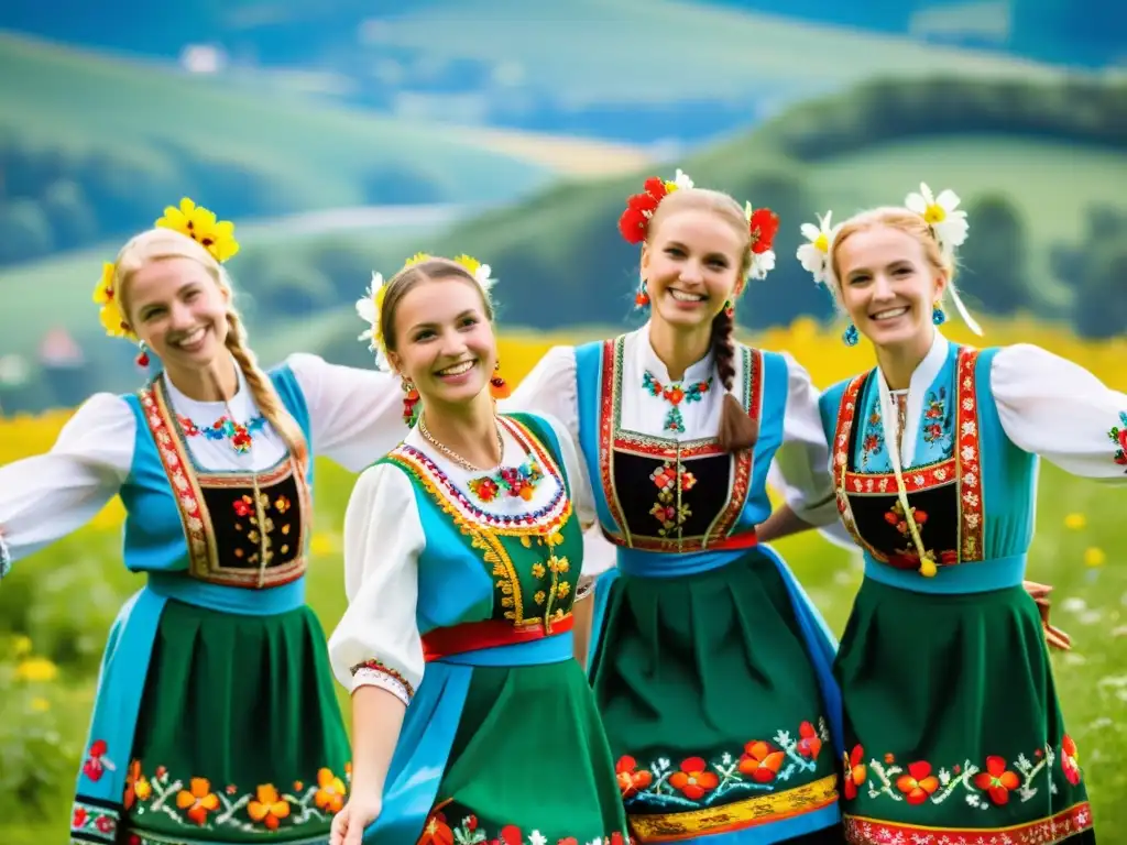 Vibrantes bailarines polacos ejecutando la animada Polka Polaca Grupo de bailarines polacos en trajes vibrantes, bailando la Polka Polaca con energía y sonrisas