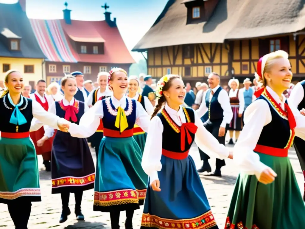 Grupo de bailarines polacos en trajes folclóricos, danza energética en la plaza del pueblo con historia baile folclórico polaco