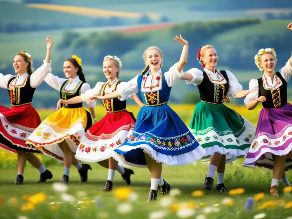 Grupo de bailarines polacos en trajes vibrantes y detallados, bailando la polka en un paisaje rural lleno de flores silvestres