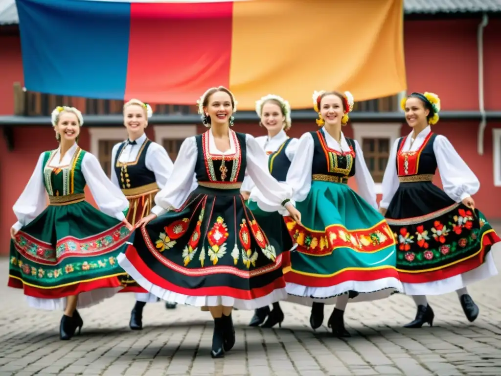 Grupo de bailarines polacos en trajes tradicionales ejecutando la danza mazurca