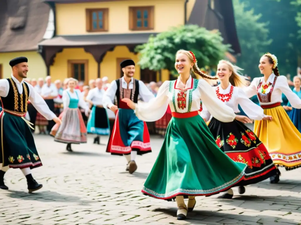 Grupo de bailarines polacos en trajes tradicionales, bailando en la plaza del pueblo