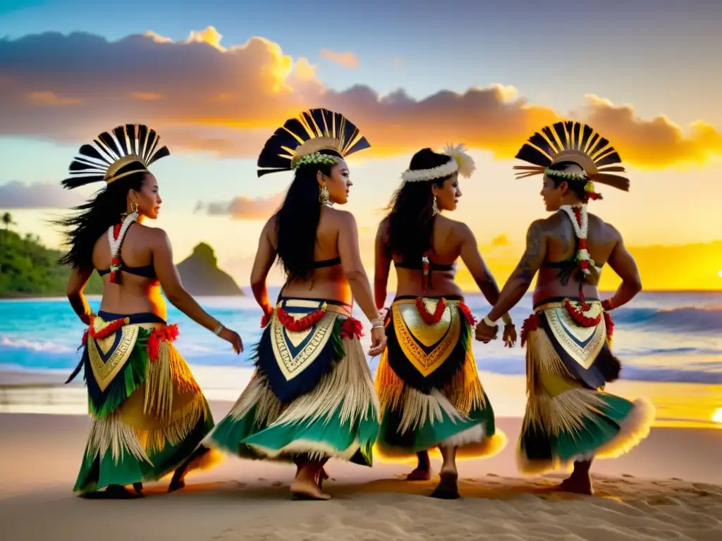 Grupo de bailarines polinesios danzando al atardecer en una isla del Pacífico, capturando la esencia de los retiros de danza en Polinesia