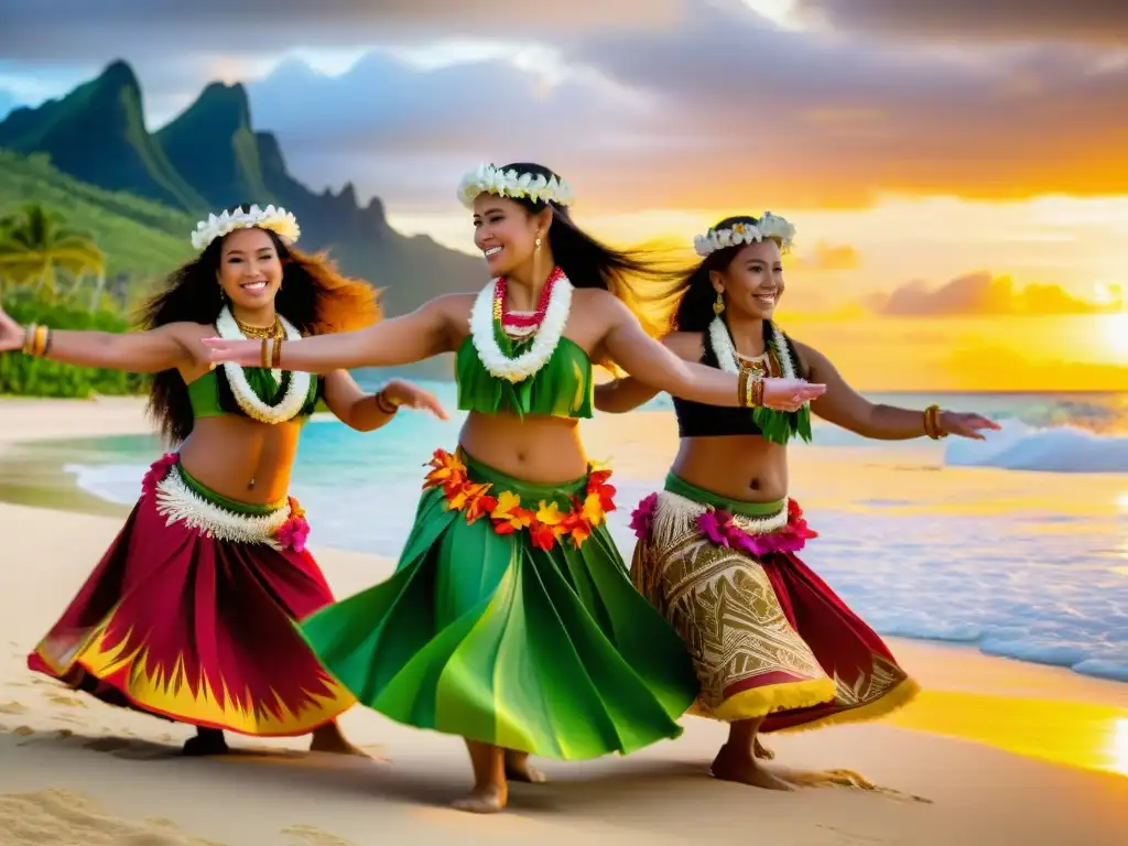 Grupo bailarines Polinesios danzando Hula al atardecer, mostrando el significado cultural e historia del Hula en Polinesia