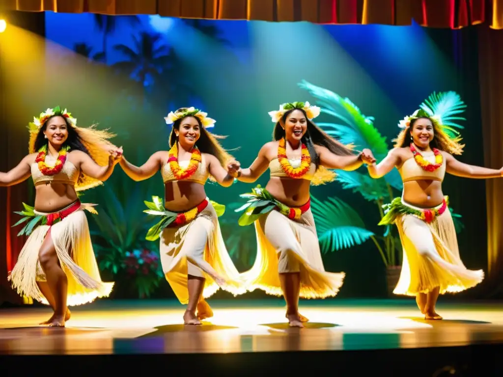 Grupo de bailarines polinesios ejecutando una cautivadora danza hula en el Festival Merrie Monarch, reflejando su significado cultural