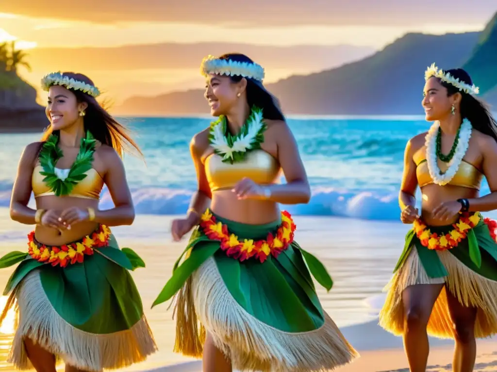 Grupo de bailarines polinesios con certificaciones en Hula Polinesia danzando en la playa al atardecer, expresando pasión y orgullo cultural