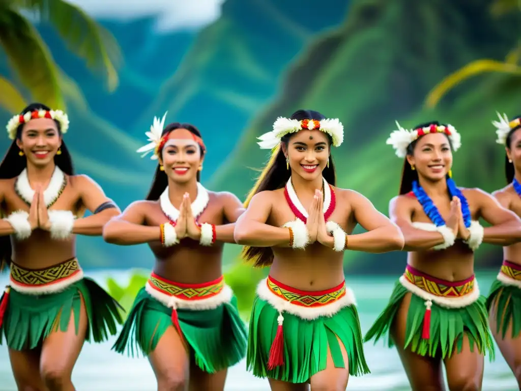 Grupo de bailarines polinesios ejecutando la Danza Aparima, transmitiendo la esencia cultural y el significado de la danza en Polinesia