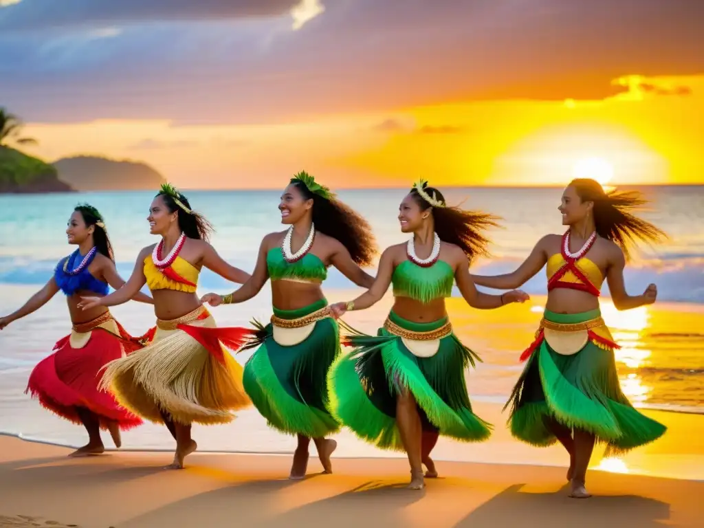 Un grupo de bailarines polinesios ejecuta una danza tradicional al atardecer en la playa