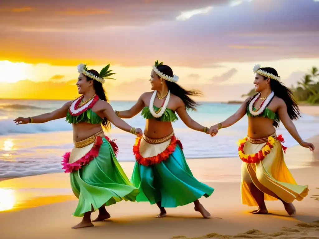 Grupo de bailarines polinesios ejecutando la danza Hula al atardecer en la playa, con trajes coloridos y leis