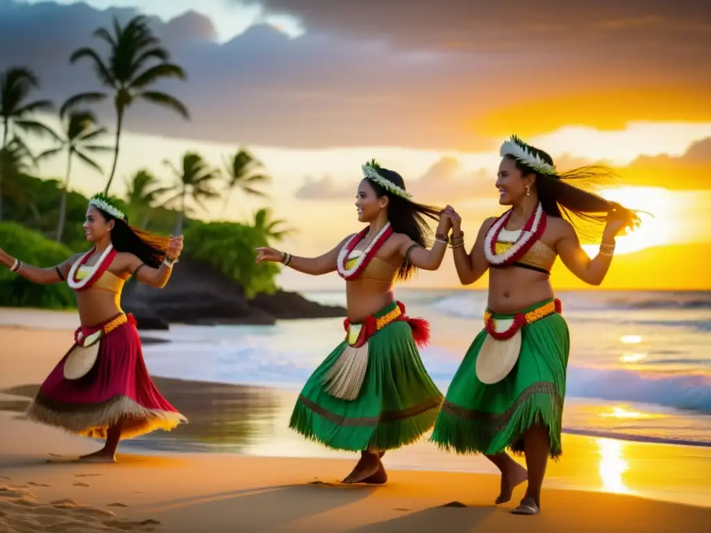 Un grupo de bailarines polinesios ejecuta la danza hula al atardecer en la playa