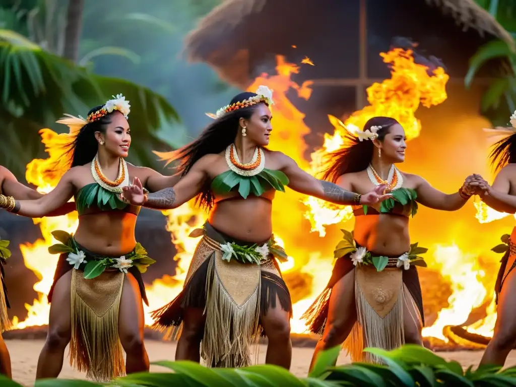 Grupo de bailarines polinesios realizando la danza del fuego con pasión y gracia, rodeados por llamas