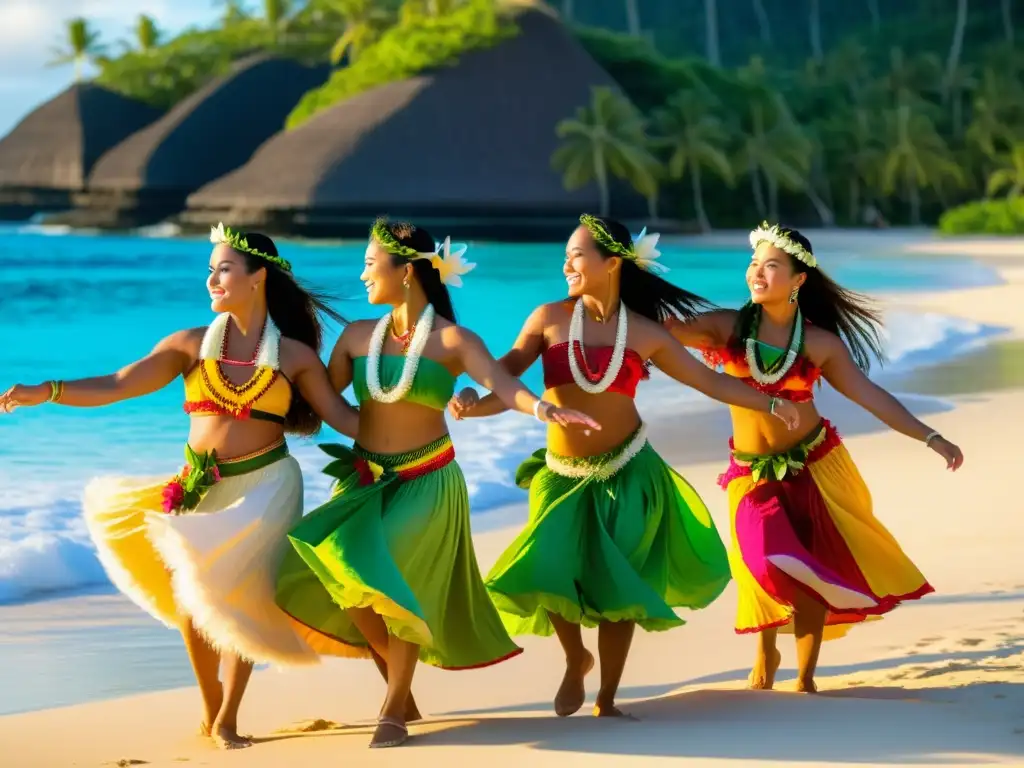 Grupo de bailarines polinesios realizando la danza Hula en la playa