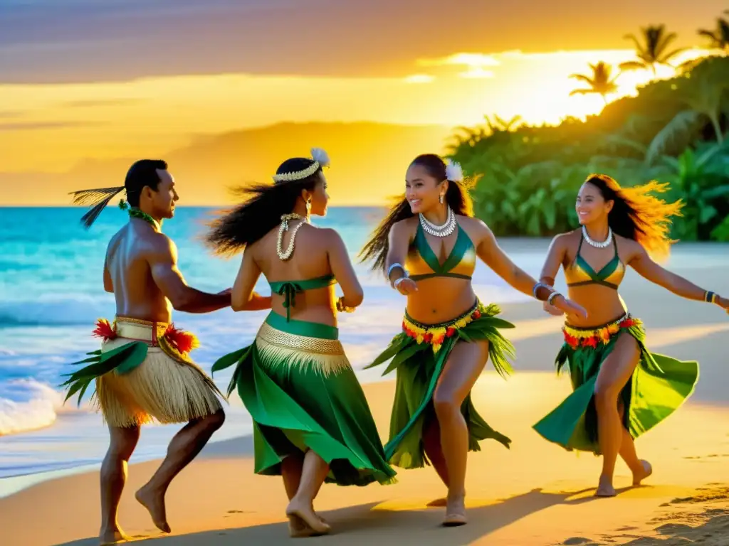 Grupo de bailarines polinesios realizando danzas tradicionales al atardecer en la playa, rodeados de exuberante vegetación y el mar