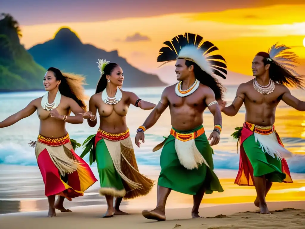 Grupo de bailarines polinesios realizando danzas tradicionales al atardecer en una isla remota del Pacífico