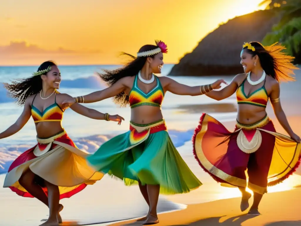 Grupo de bailarines polinesios ejecutando danzas tradicionales en una playa al atardecer