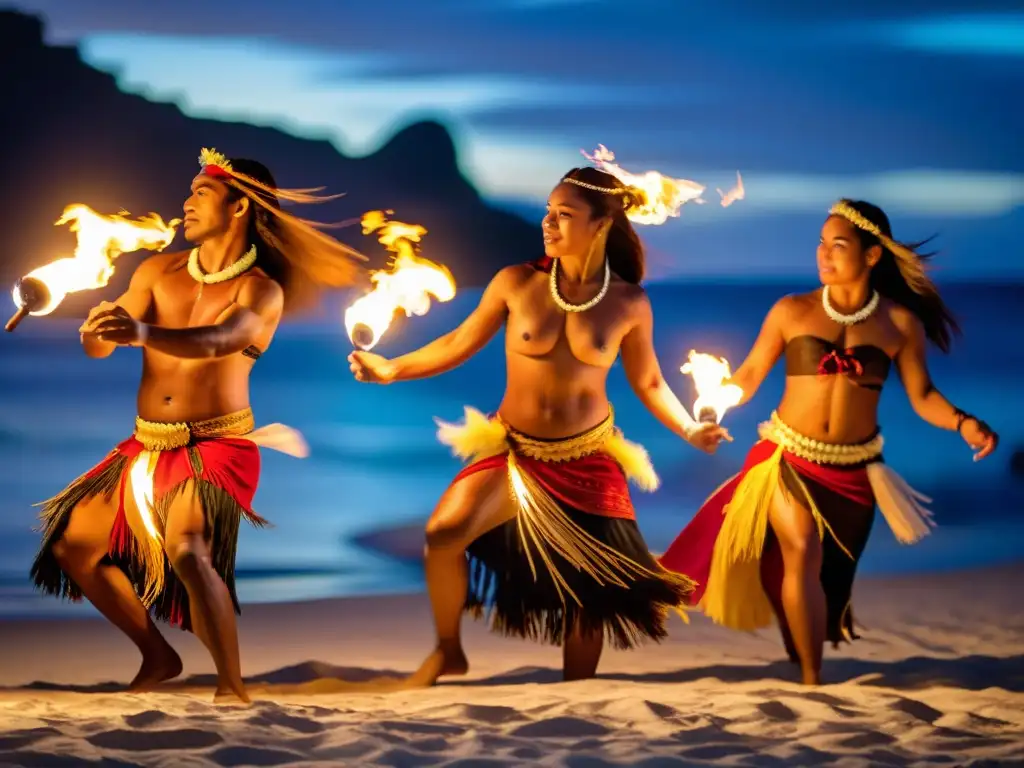 Grupo de bailarines polinesios ejecutando con gracia el Tutorial movimientos danza fuego polinesio en la playa, bajo el cielo estrellado