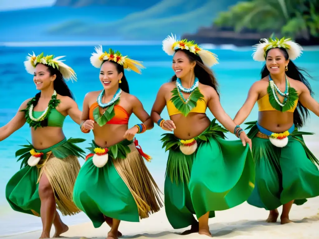 Un grupo de bailarines polinesios ejecuta con gracia el Ura Pau, mostrando la evolución técnica del Ura Pau de la Polinesia