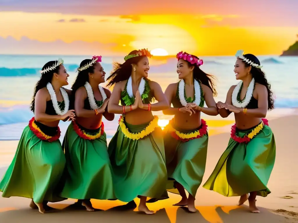 Un grupo de bailarines polinesios ejecuta con gracia y precisión un hula en la playa al atardecer