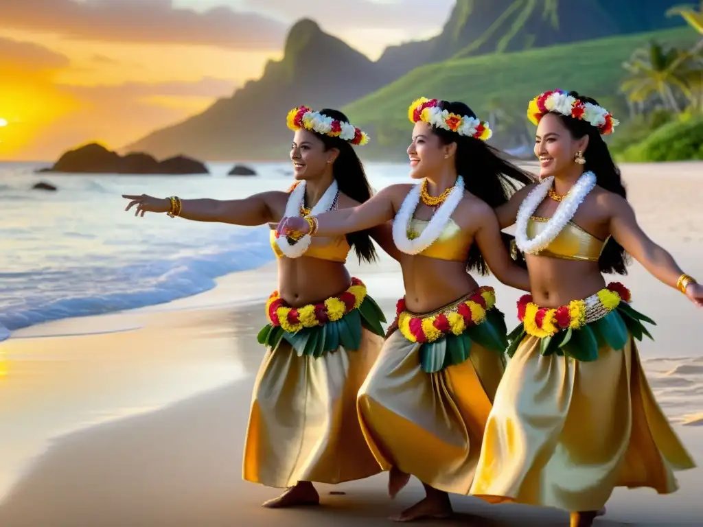 Grupo de bailarines polinesios ejecutando una hipnótica danza hula en la playa al atardecer, con un cálido resplandor dorado