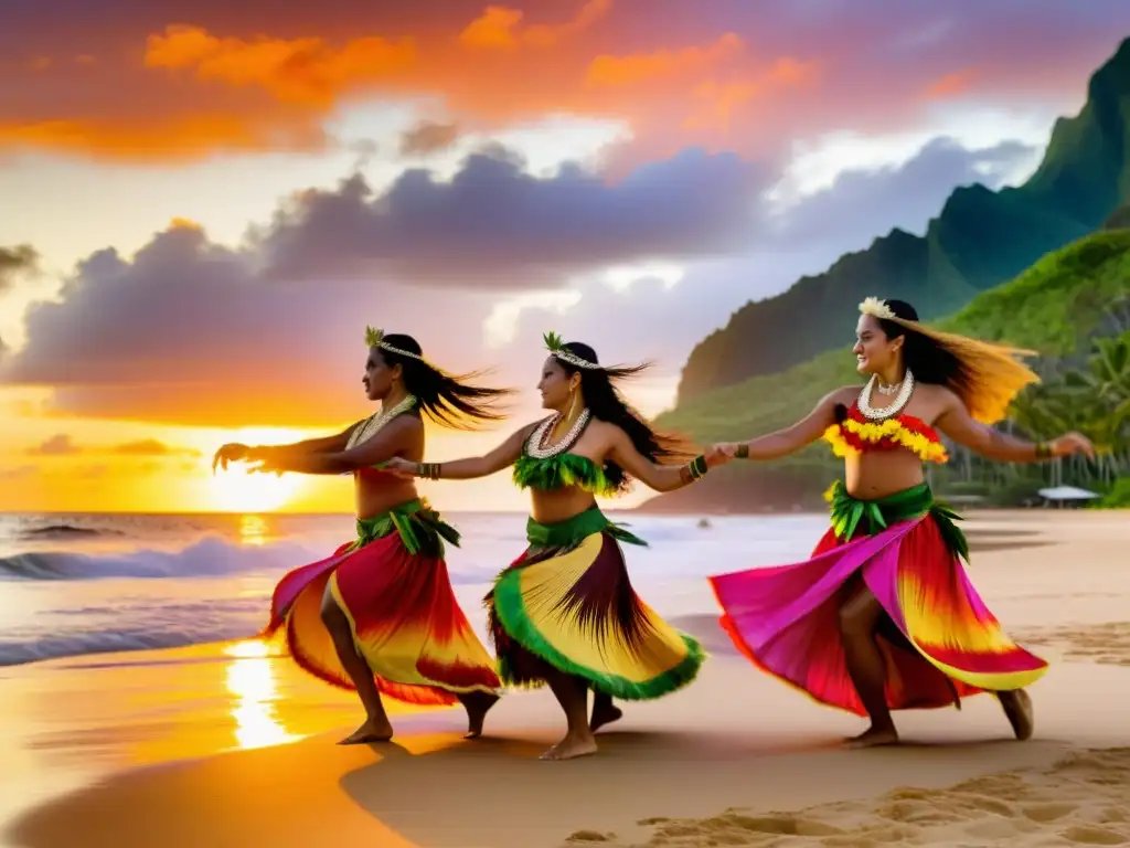 Grupo de bailarines polinesios realizando una hipnótica danza hula al atardecer en la playa