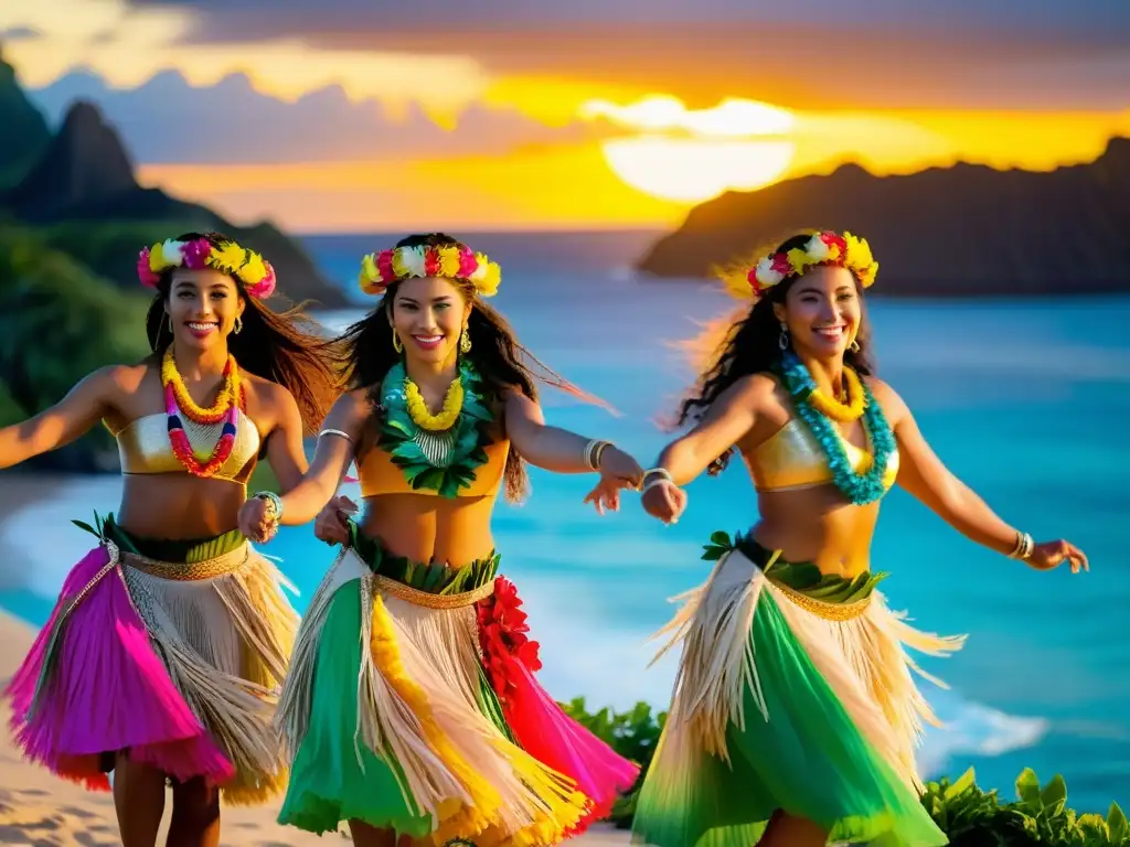 Grupo de bailarines polinesios realizando un hula dance al atardecer en una isla del Pacífico