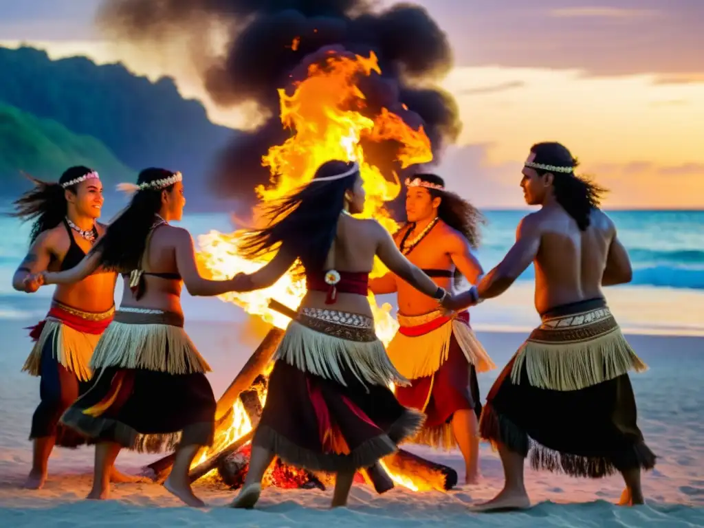 Un grupo de bailarines polinesios practican movimientos de danza de fuego alrededor de una fogata en la playa al atardecer