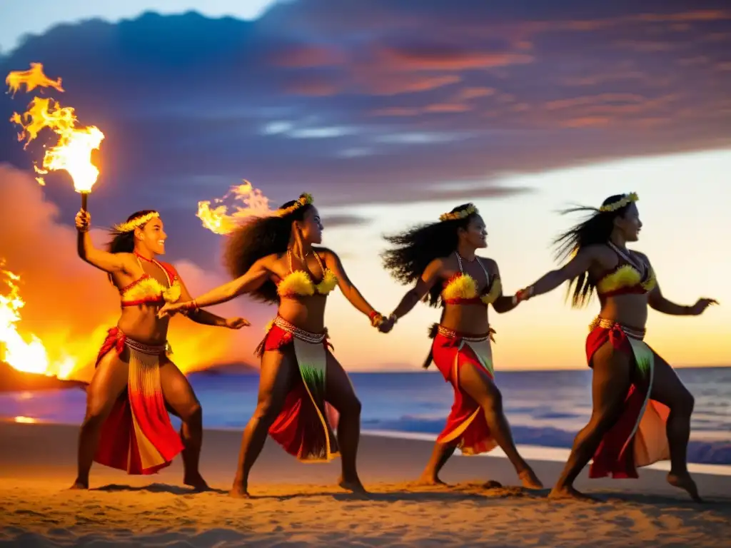 Grupo de bailarines polinesios realizando movimientos de danza de fuego al atardecer en la playa